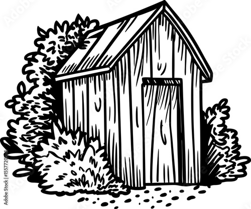 Wooden garden shed with simple gable roof, surrounded by dense bushes rustic hand drawn illustration, outdoor structure