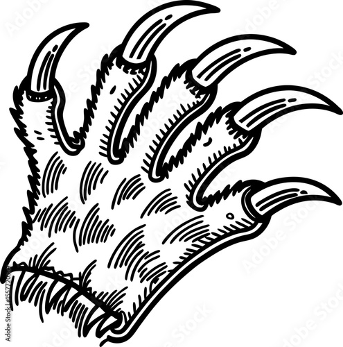 Predatory animal claw illustration sharp talons, furry paw, wild beast, black and white sketch, ferocious creature