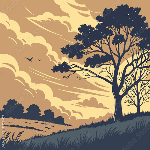Tree silhouette landscape with sunrise and mountain