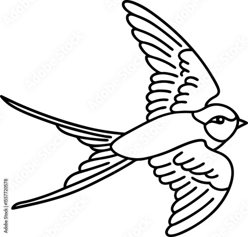 Swallow bird outline flying swallow with spread wings, line drawing for tattoo, logo, coloring book