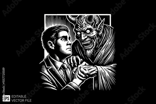 Make a deal with the devil dark art illustration black and white design in black background