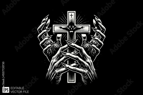 a spoky hand holding christian croos symbol dark art illustration black and white design in black background