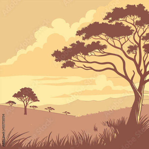 Tree silhouette landscape with sunrise and mountain
