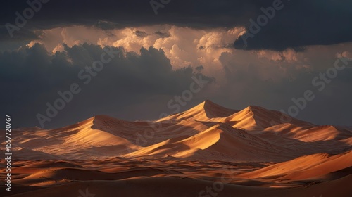 Fototapeta Naklejka Na Ścianę i Meble -  Layered sand dunes under dramatic clouds, Sahara sunset mood, natural beauty in focus