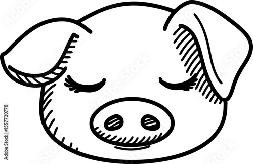 Sleeping pig face illustration adorable black and white animal drawing, closed eyes, peaceful expression