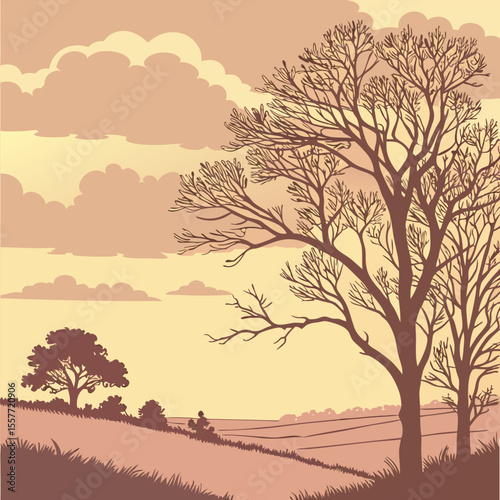 Tree silhouette landscape with sunrise and mountain