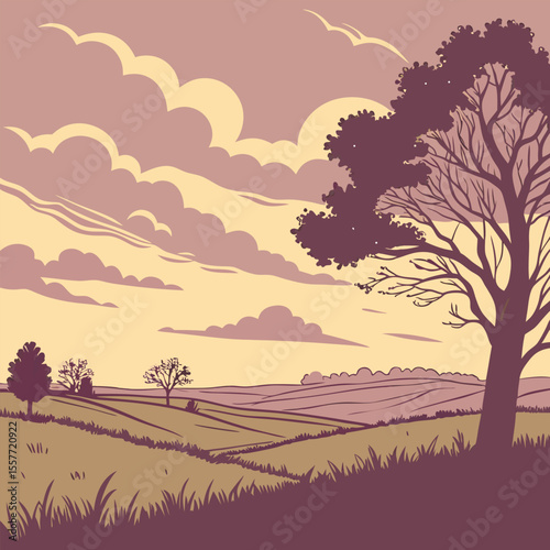 Tree silhouette landscape with sunrise and mountain