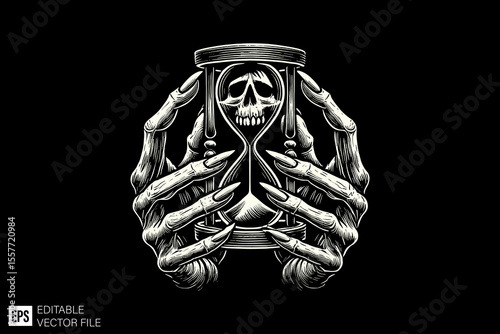 a scary hand holding hourglass ark art illustration black and white design in black background