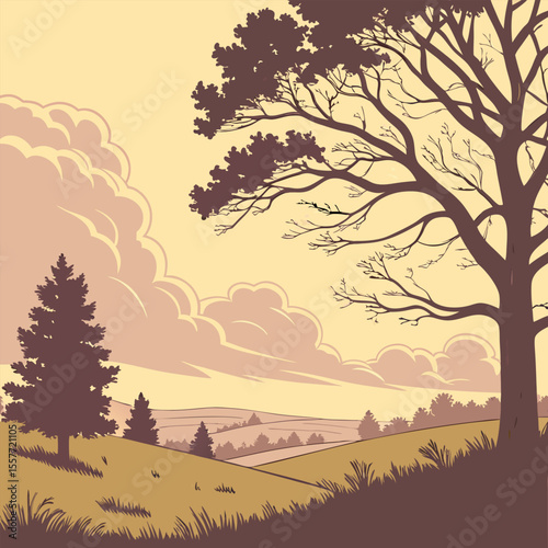 Tree silhouette landscape with sunrise and mountain