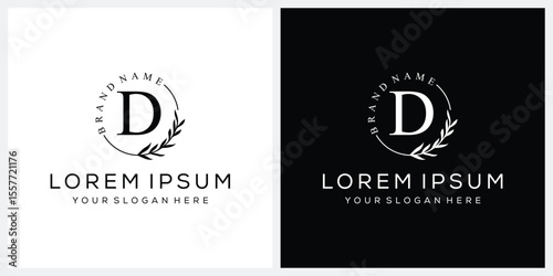 Initial letter D cosmetics fashion logo design, serif font graphic icon, leaves nature symbol concept 