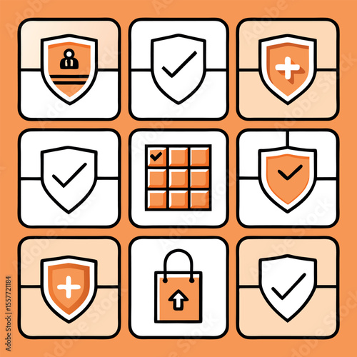 Vector icons: security, checkmarks, plus signs, and shopping bag.