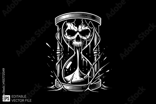 a scary hand holding hourglass ark art illustration black and white design in black background
