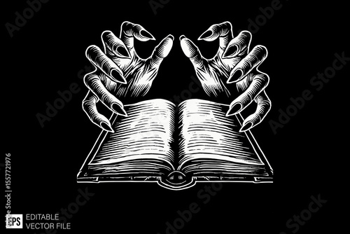 hand opening book dark art illustration black and white design in black background