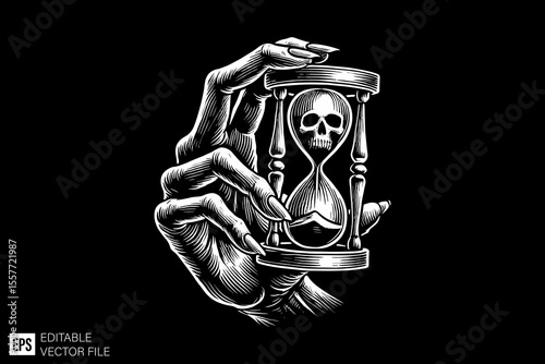 a scary hand holding hourglass ark art illustration black and white design in black background