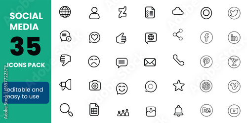 Social Media Line Editable Icons set. Vector illustration in thin line style of Media and Web icons: message, bubble, user, sharing, commands and buttons symbols, and more. Isolated on white