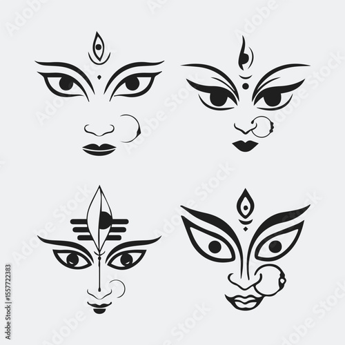 Happy navratri greeting with maa durga face illustration and typography silhouette