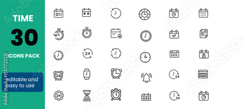 Time Line Editable Icons set. Vector illustration in modern thin line style of clock related icons: timer, stopwatch, alarm, and more. Isolated on transparent background.