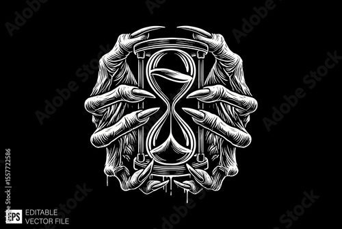 a scary hand holding hourglass ark art illustration black and white design in black background