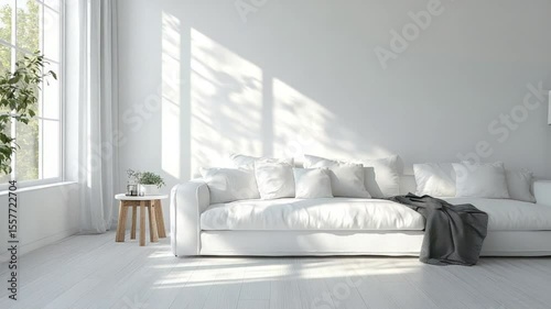 Bright, minimalist living room with a white sofa