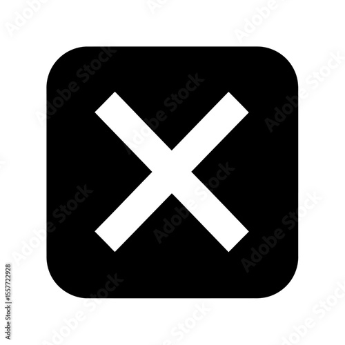 A white x mark inside a black rounded square shape on a white background in a simple illustration