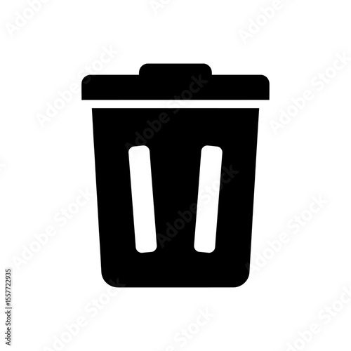 A simple black and white graphic illustration of a trash can with a lid and two vertical slots