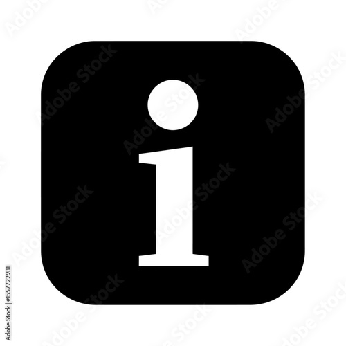 A black rounded square containing a white information symbol on a white background isolated view