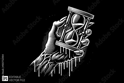 a scary hand holding hourglass ark art illustration black and white design in black background