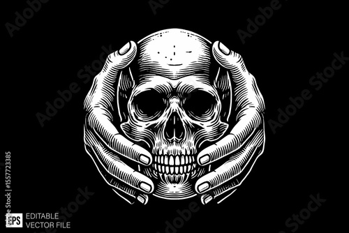 hand holding skull head skeleton dark art illustration black and white design in black background