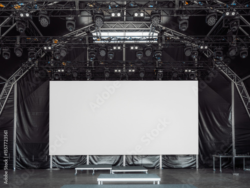 Large white LED screen or digital billboard mockup on a professional stage with lighting rigs and empty risers, ideal for showcasing custom visuals, branding, or event promotions in high resolution