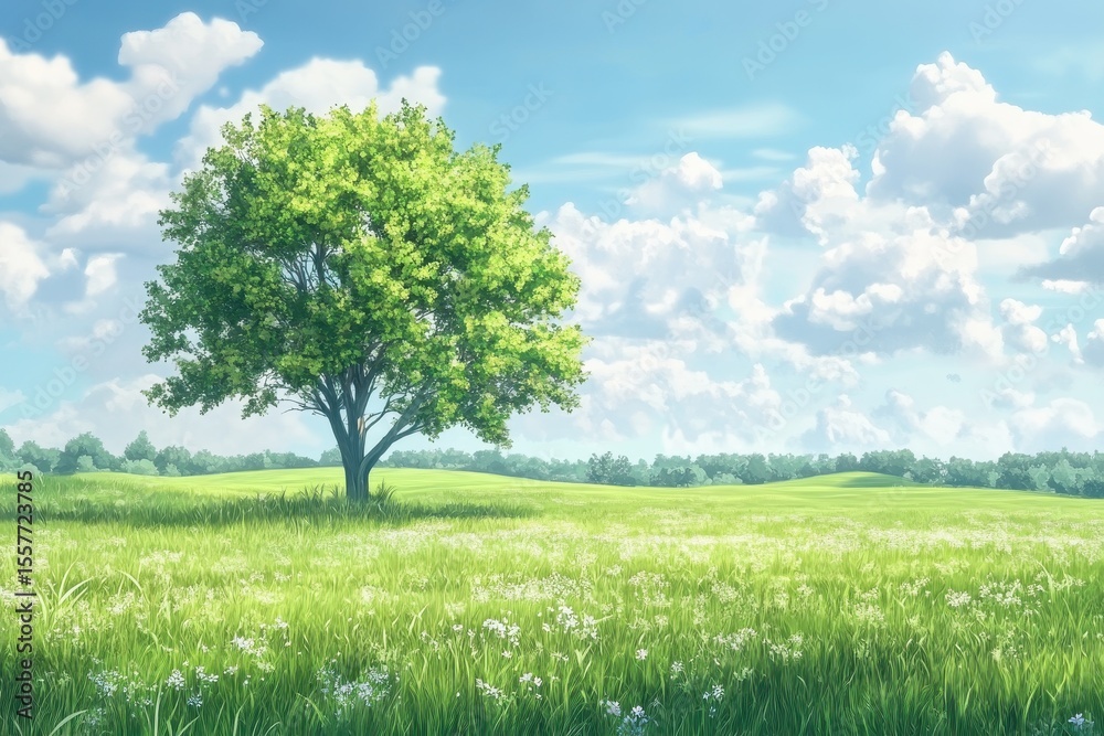 Fototapeta premium Shady tree stands alone in a bright green field under a vibrant sky filled with clouds, shady tree in the middle of the field, anime style, seamless ing background
