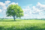 Shady tree stands alone in a bright green field under a vibrant sky filled with clouds, shady tree in the middle of the field, anime style, seamless ing background