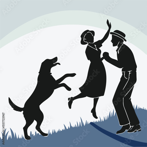 Silhouette of Couple Dancing Outdoors with Happy Dog in Retro Style