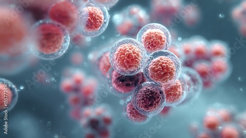 Realistic macro microscopic photo of spherical cocci bacteria clusters suspended in translucent fluid soft depth of field accurate biological texture
