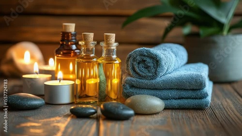 Spa essentials on a wooden surface.  Candles, oils, towels, and stones create a tranquil ambiance