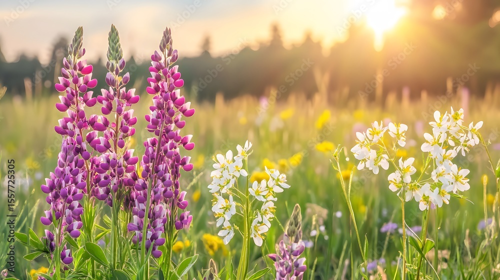 Fototapeta premium Sunset Meadow Lupine Flowers Landscape
