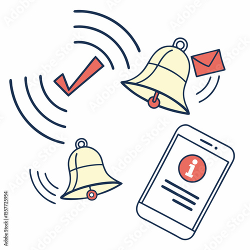 Notification bell icon set. New message notification icon. Incoming inbox message. Alarm symbol. Ringing bells, new notification for clock and smartphone, alarm alert. Vector illustration