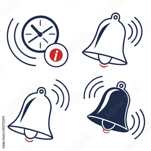 Notification bell icon set. New message notification icon. Incoming inbox message. Alarm symbol. Ringing bells, new notification for clock and smartphone, alarm alert. Vector illustration