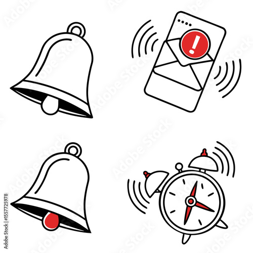 Notification bell icon set. New message notification icon. Incoming inbox message. Alarm symbol. Ringing bells, new notification for clock and smartphone, alarm alert. Vector illustration