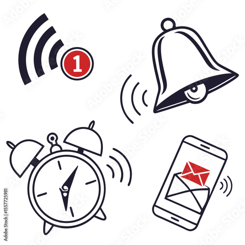 Notification bell icon set. New message notification icon. Incoming inbox message. Alarm symbol. Ringing bells, new notification for clock and smartphone, alarm alert. Vector illustration