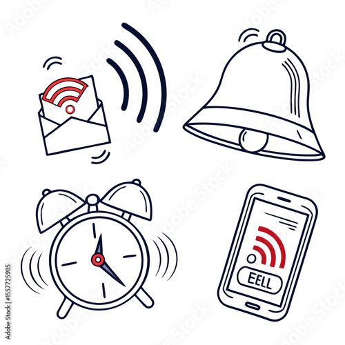 Notification bell icon set. New message notification icon. Incoming inbox message. Alarm symbol. Ringing bells, new notification for clock and smartphone, alarm alert. Vector illustration