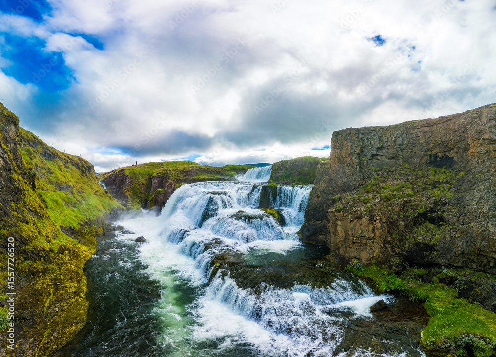 Obraz premium Aerial drone view of Fosslaug waterfall, Iceland