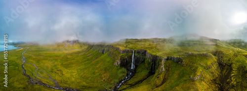 Aerial shots of Grundarfoss Waterfall, on Snaefellness peninsula, Iceland