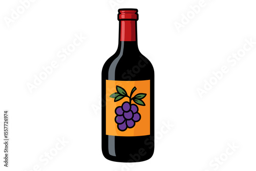 Illustration of a Red Wine Bottle with Grape Label on a White Background