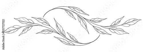 floral leaves line art isolated on white background. Divider doodle leaf and flowers, nature border decorative element vector illustration