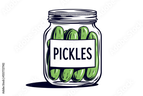Illustration of a Glass Jar Filled with Pickles, Featuring a Hand-Drawn Style and Bold Lettering
