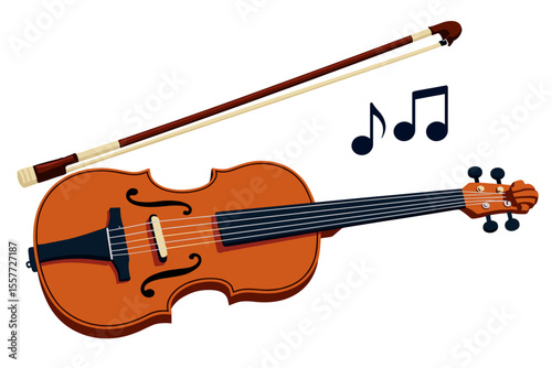 Illustration of a Violin and Bow with Music Notes, a Classical String Instrument