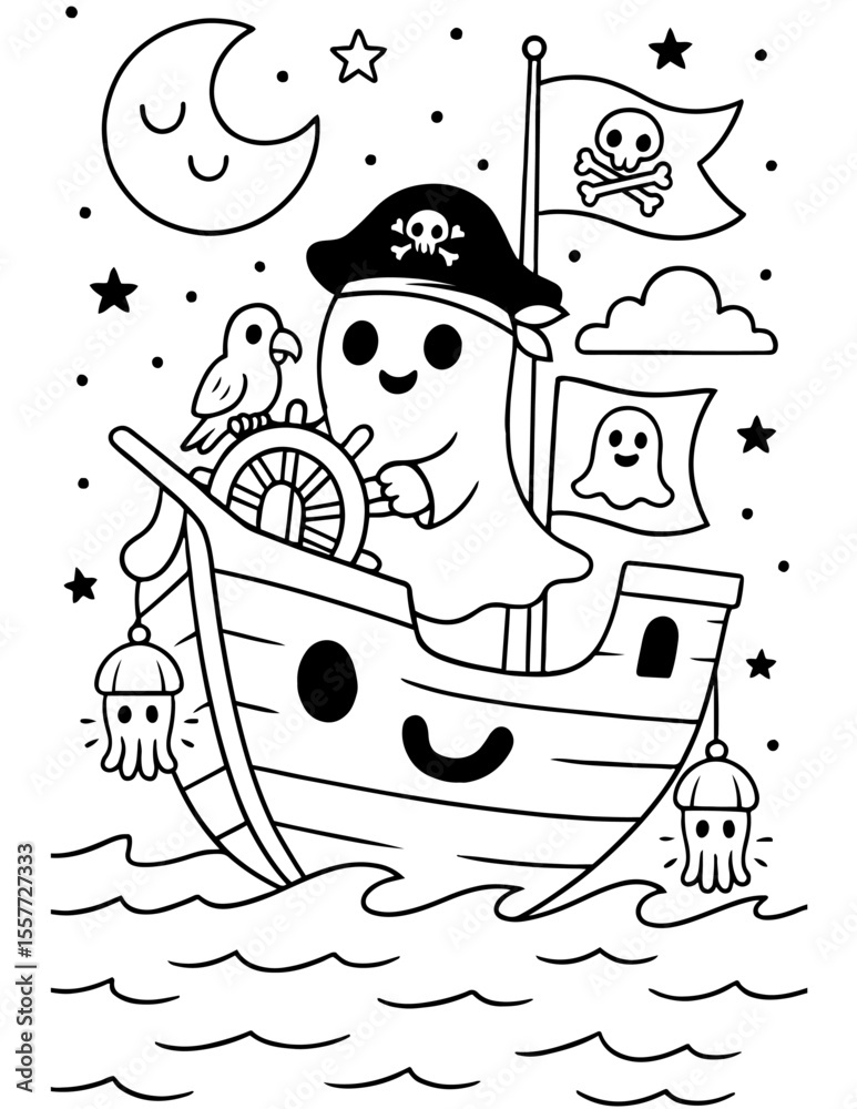 Fototapeta premium Ghost Ship Adventure Halloween Coloring Page