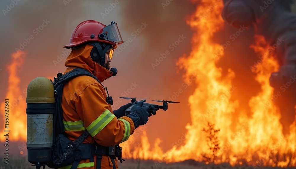 Fototapeta premium Firefighter controls drone near blaze. Modern firefighting tech, emergency response strategy. Drone surveillance, fire management, rescue operation. Fire, flames in background. Emergency response