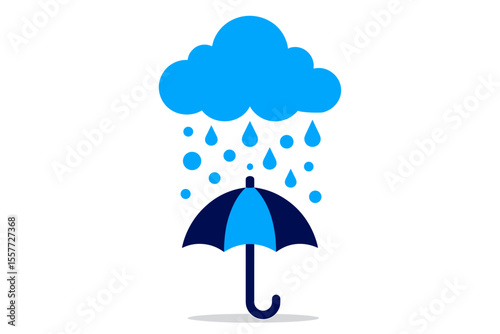 Blue Rain Cloud with Raindrops Falling on Open Umbrella Illustration, Bad Weather Concept