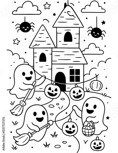 Haunted House Helpers Halloween Coloring Page